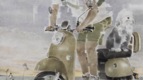 电动车，落日，狗